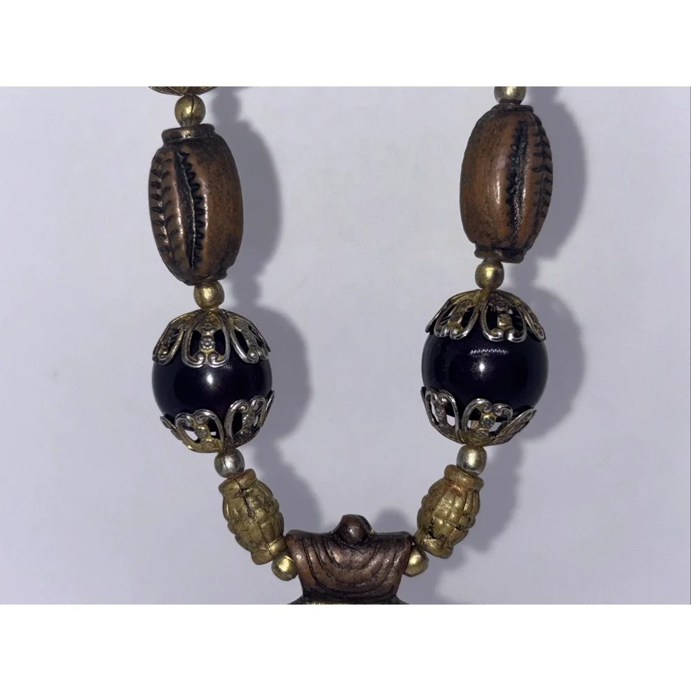 Vintage Tribal Style Bronze Metal Floral Pendent  Beaded Necklace